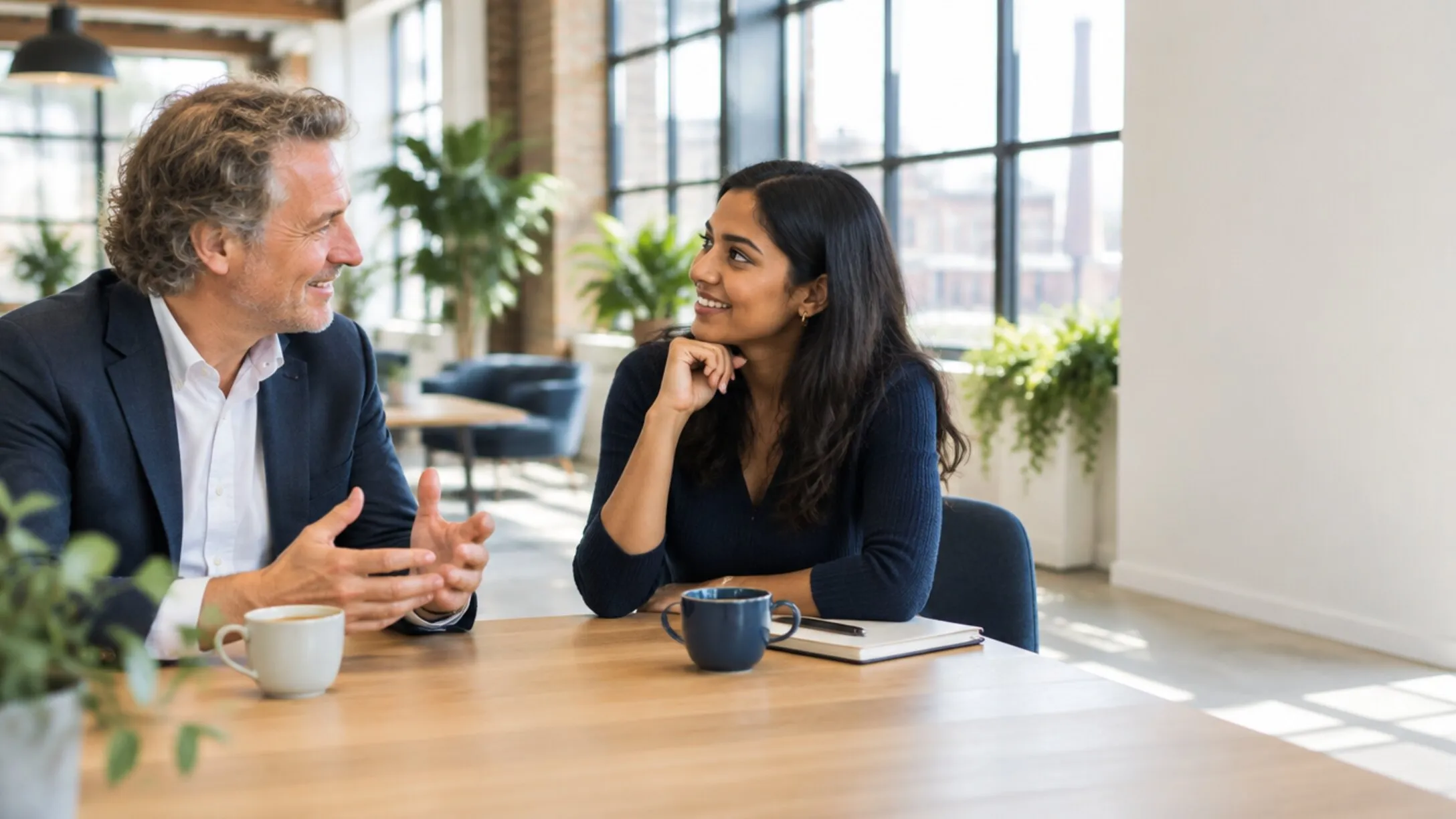 An experienced mentor and a younger colleague chatting warmly over coffee in a converted industrial office