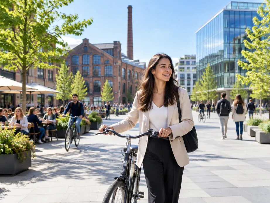 A woman walking her bicycle through a redeveloped industrial square with cafe terraces