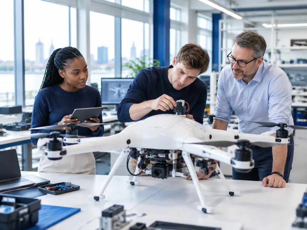 An engineering team examining a drone prototype together on the workbench