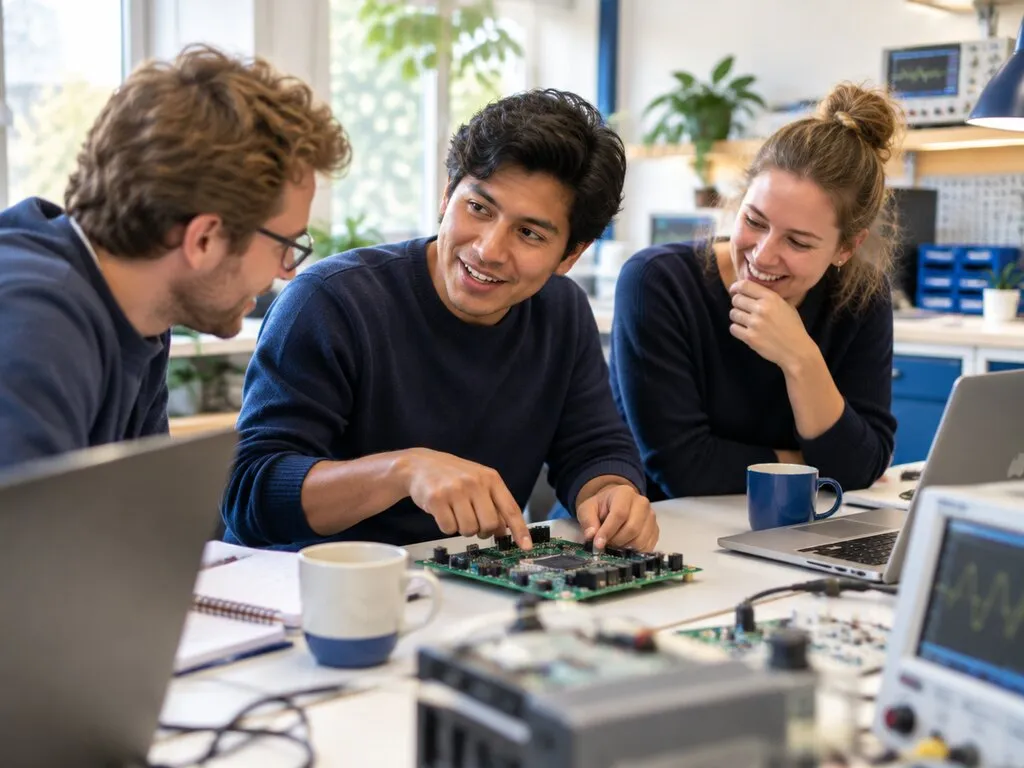 A new team member laughing with colleagues while reviewing a circuit board together