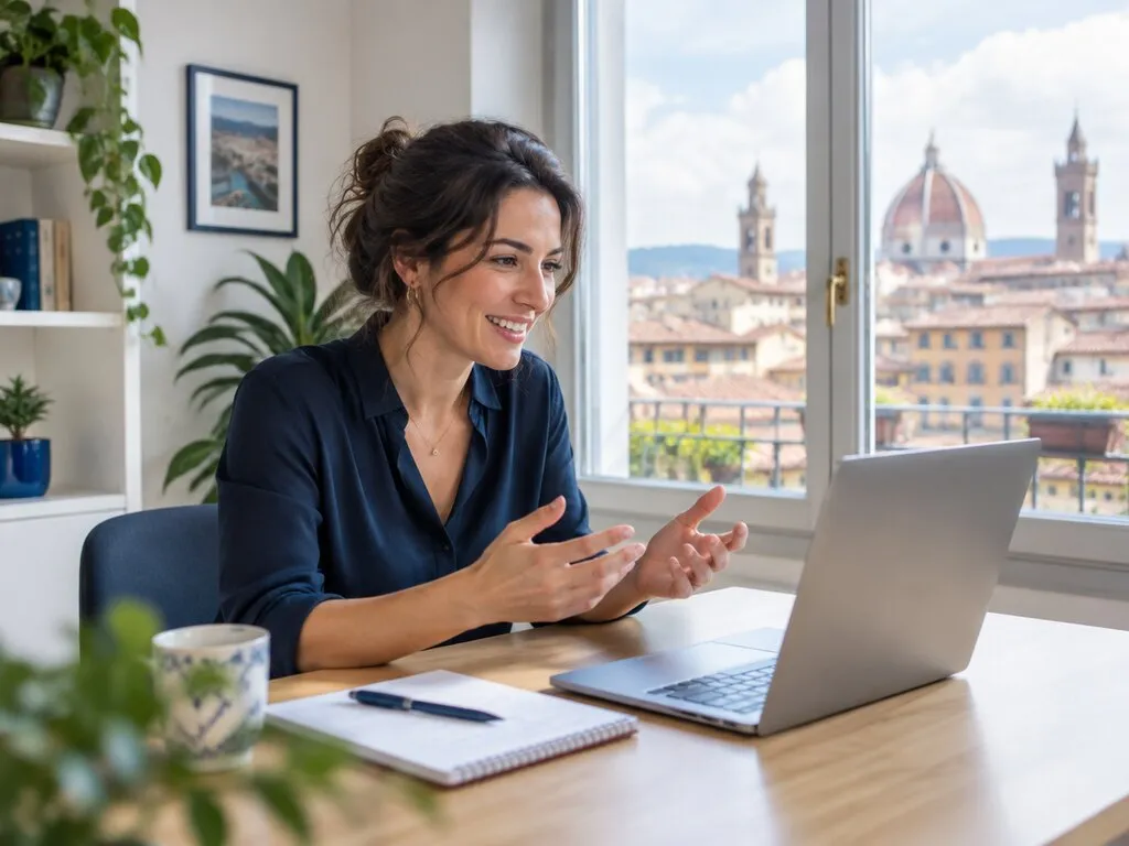 A local recruitment partner on a video call, with the Florence skyline visible outside her window