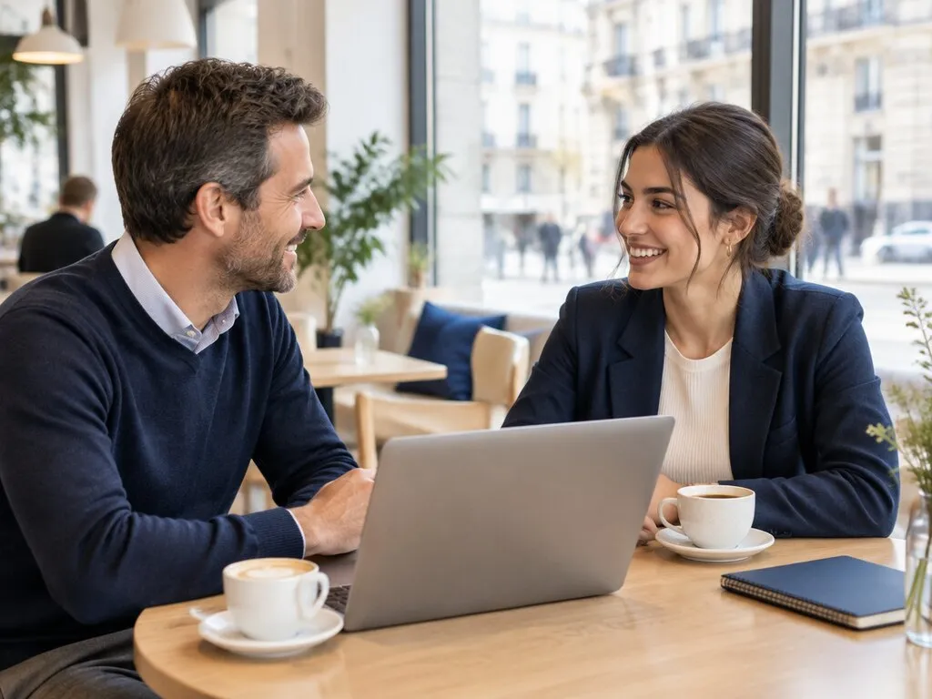 A recruitment partner and a candidate having a relaxed conversation over coffee at a cafe
