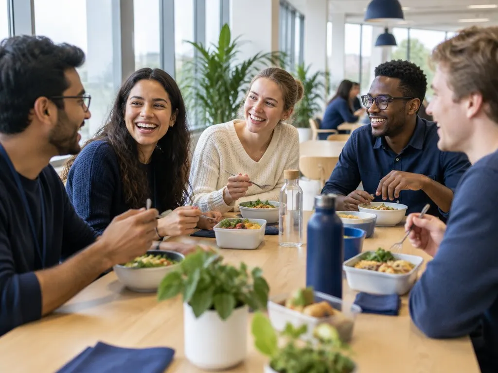 Colleagues laughing together over lunch at the office