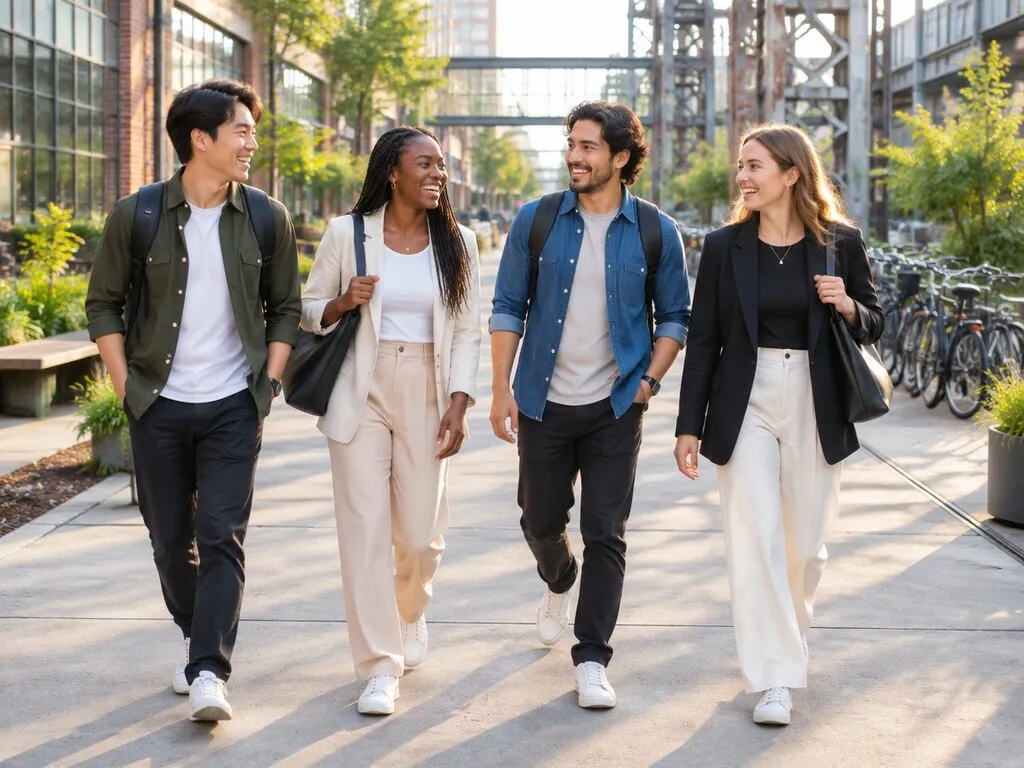 Four young professionals walking and chatting through a converted industrial neighbourhood