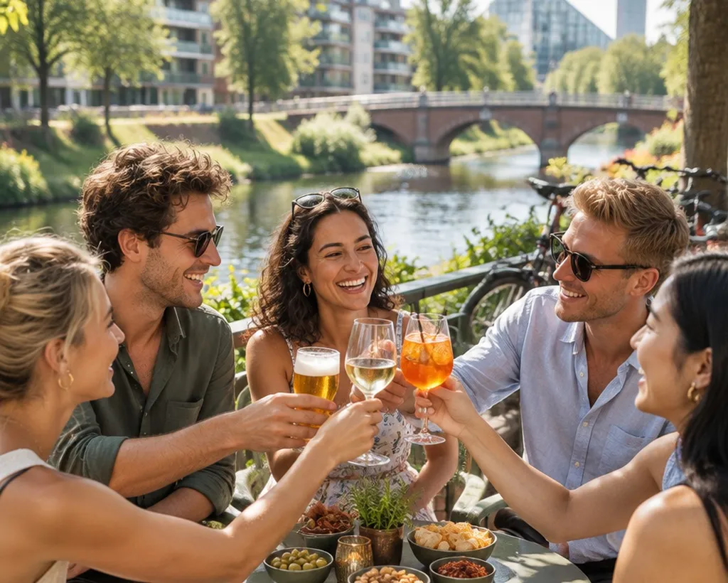 Friends toasting together on a terrace along the Dommel river in Eindhoven