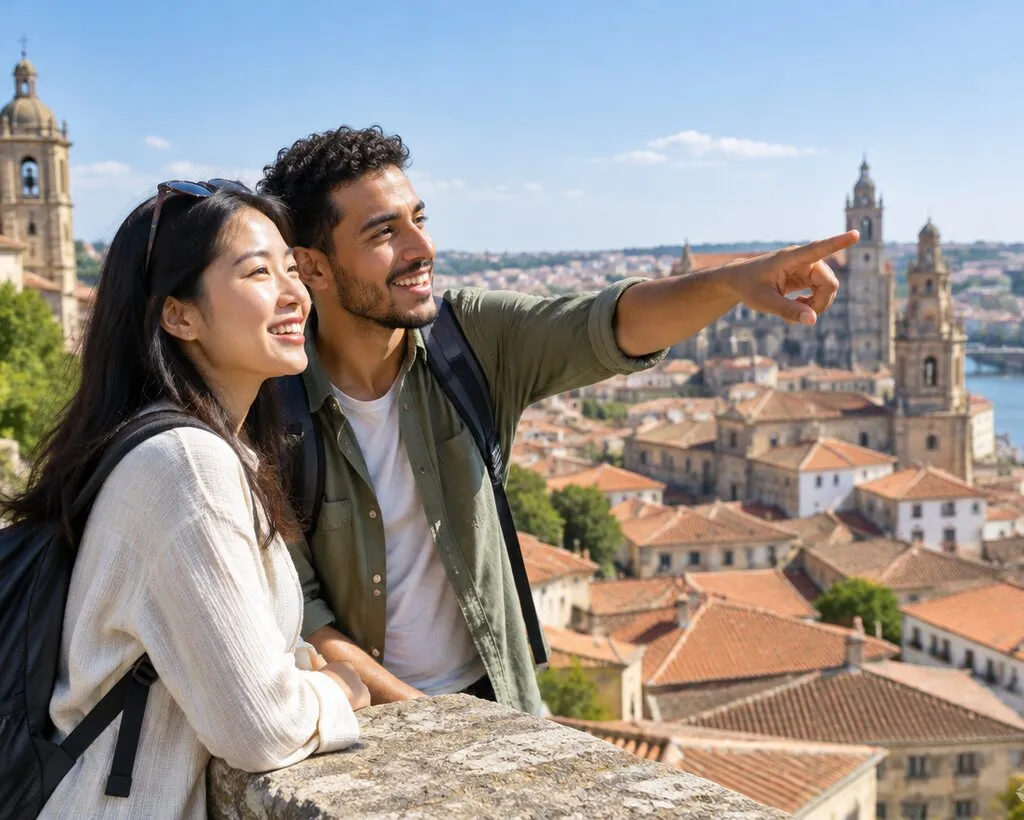 A couple admiring a historic European skyline from a viewpoint terrace