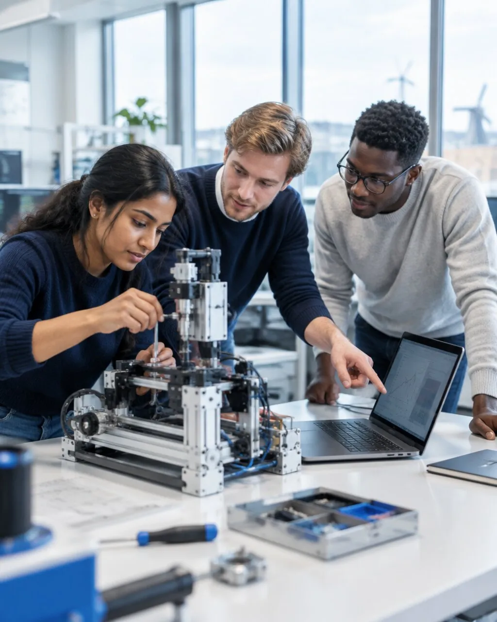 A mixed-nationality engineering team gathered around a robotics build, reviewing progress together