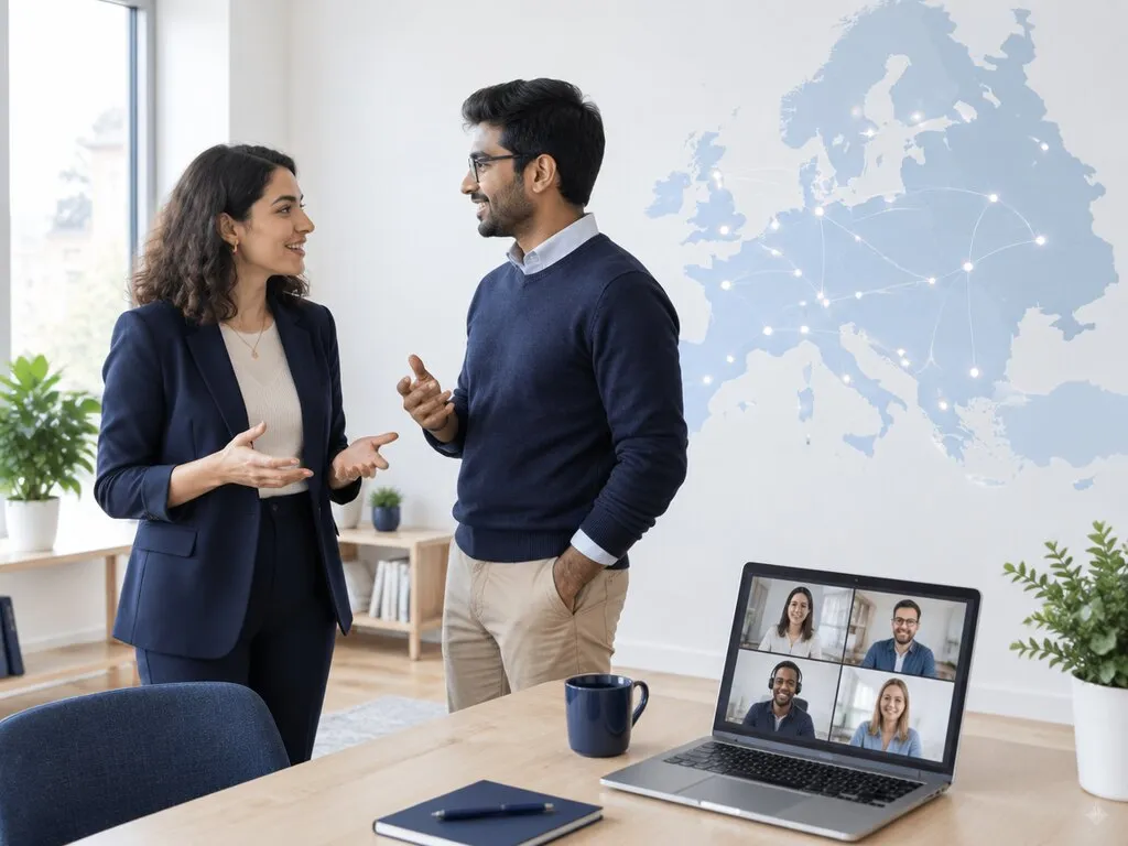 Two colleagues talking in front of a European partner network map, joined by a video call on a laptop
