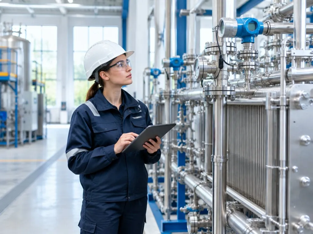 An engineer in protective gear inspecting piping at a clean energy processing plant