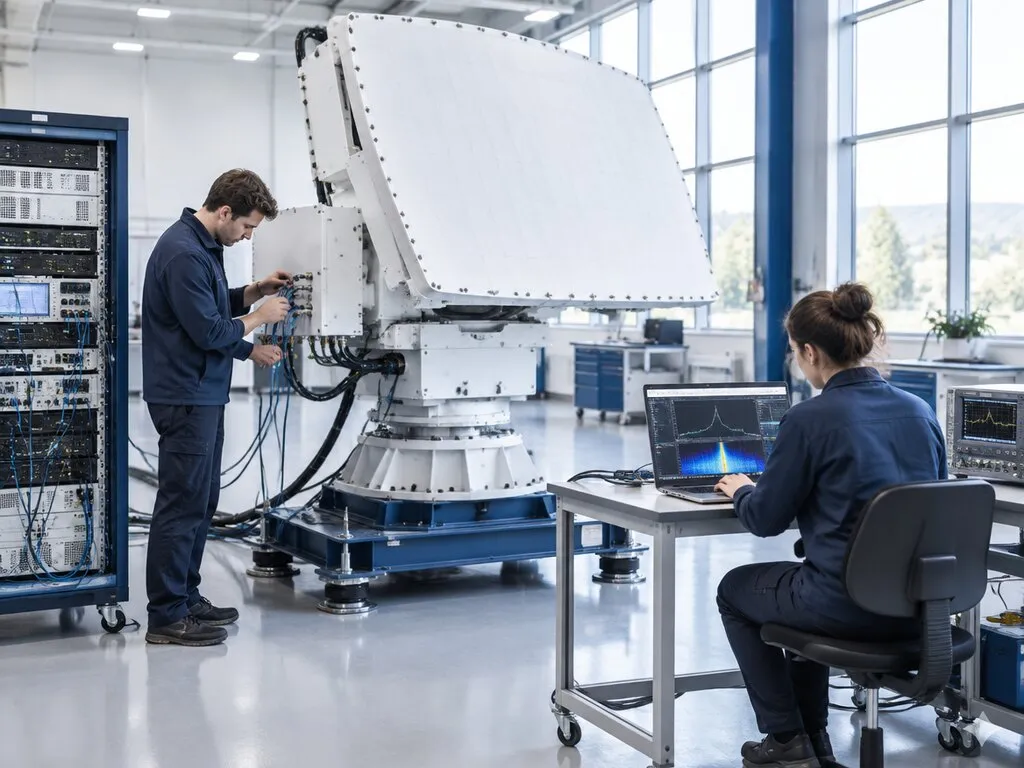 Engineers calibrating a radar array while monitoring a spectrum analyzer