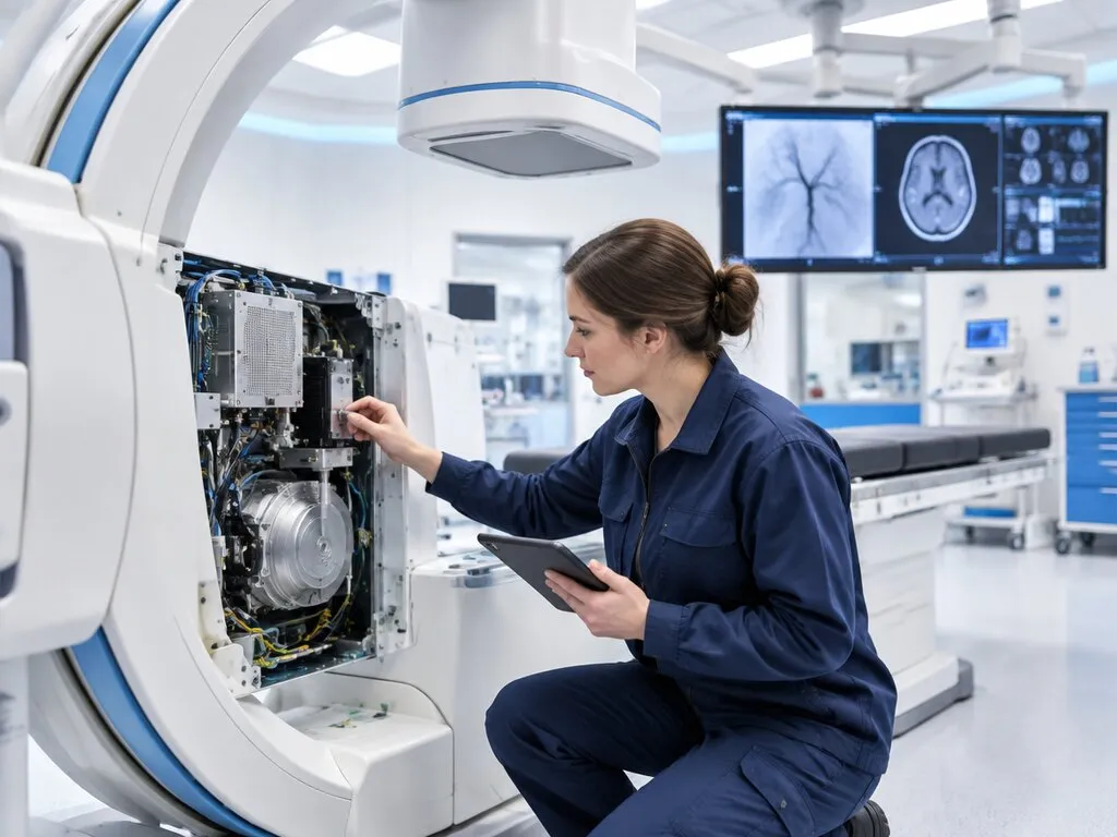 A biomedical engineer servicing the internals of a medical imaging scanner