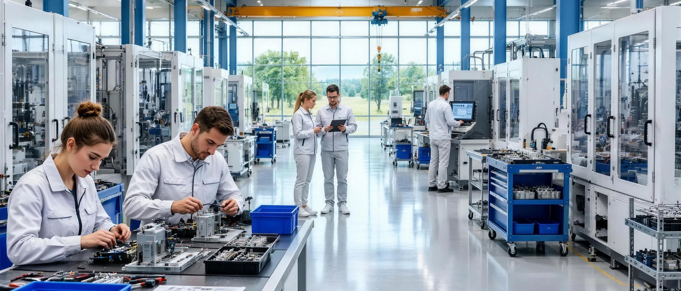 A bright, spacious advanced manufacturing facility with technicians working at multiple stations