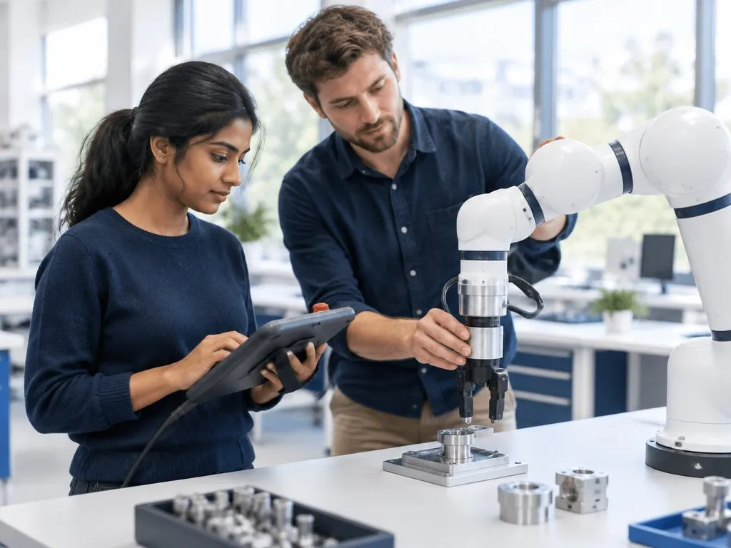Two engineers programming a collaborative robotic arm in a lab