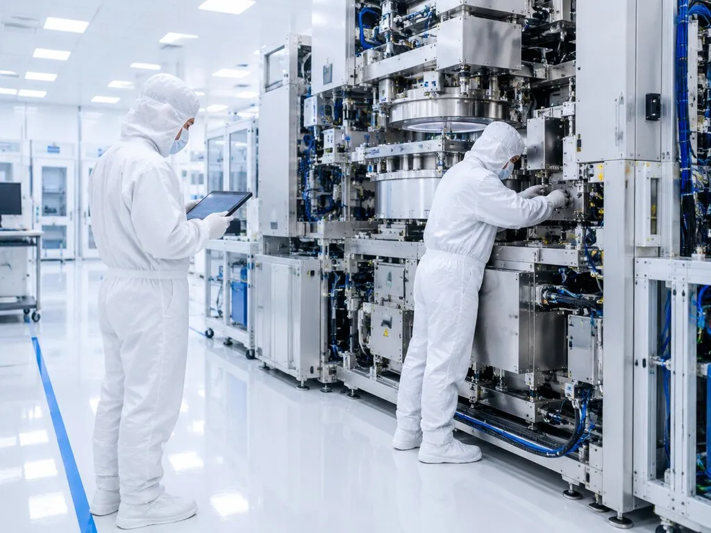 Two cleanroom technicians in full protective suits working on semiconductor manufacturing equipment